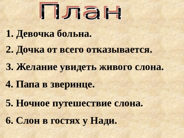 1. Девочка больна. 2. Дочка от всего отказывается. 3. Желание увидеть живого слона. 4. Папа в зверинце. 5. Ночное путешествие слона. 6. Слон в гостях у Нади.