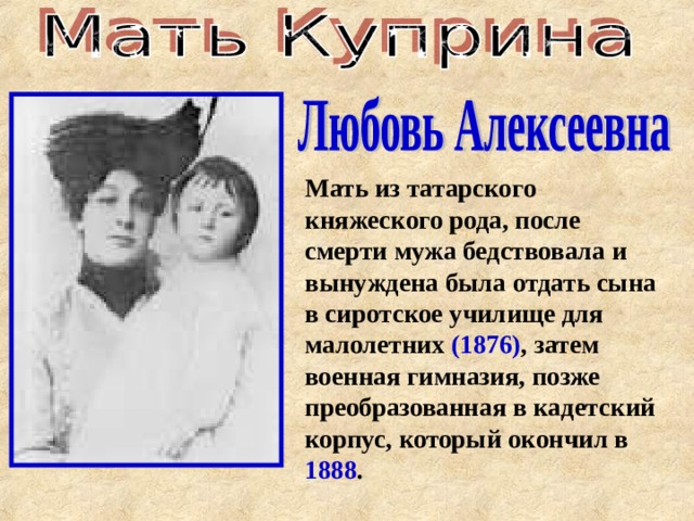 Мать из татарского княжеского рода, после смерти мужа бедствовала и вынуждена была отдать сына в сиротское училище для малолетних (1876) , затем военная гимназия, позже преобразованная в кадетский корпус, который окончил в 1888 .