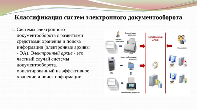 Классификация систем электронного документооборота 1. Системы электронного документооборота с развитыми средствами хранения и поиска информации (электронные архивы - ЭА). Электронный архив - это частный случай системы документооборота, ориентированный на эффективное хранение и поиск информации.