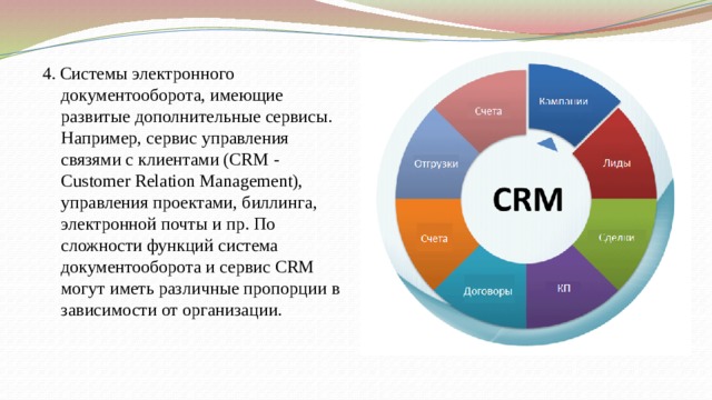 4. Системы электронного документооборота, имеющие развитые дополнительные сервисы. Например, сервис управления связями с клиентами (CRM - Customer Relation Management), управления проектами, биллинга, электронной почты и пр. По сложности функций система документооборота и сервис CRM могут иметь различные пропорции в зависимости от организации.