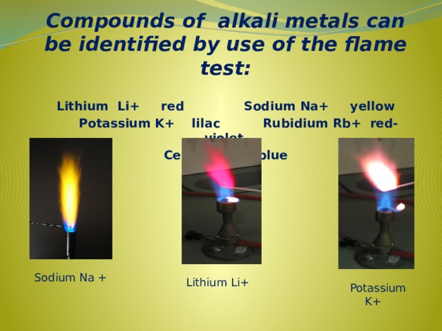 Compounds of alkali metals can be identified by use of the flame test:  Lithium Li+ red Sodium Na+ yellow  Potassium K+ lilac Rubidium Rb+ red-violet Cesium Cs+ blue Sodium Na + Lithium Li+  Potassium K+