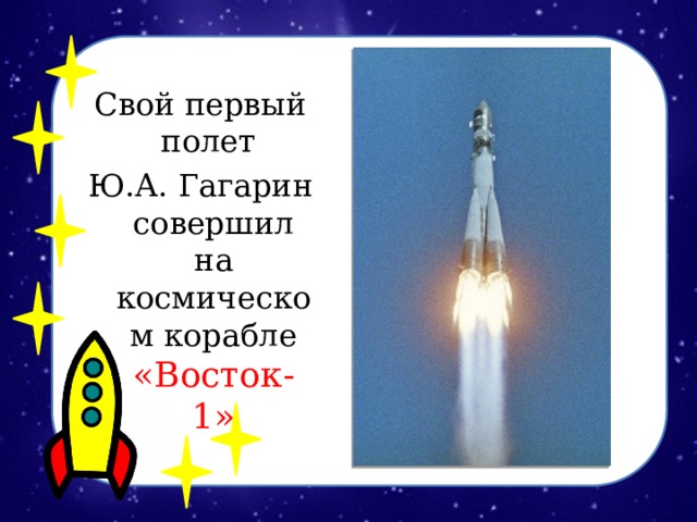 Свой первый полет Ю.А. Гагарин совершил на космическом корабле «Восток- 1»