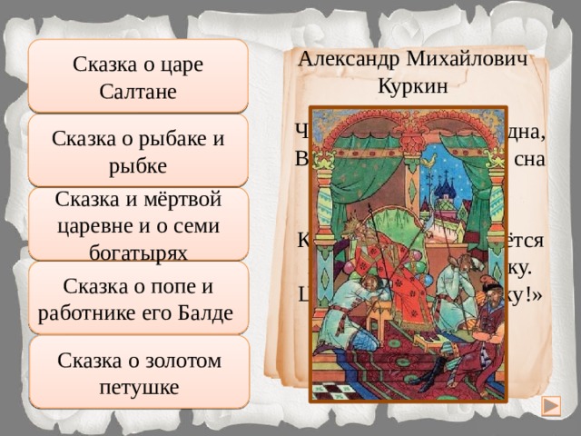 Сказка о царе Салтане Александр Михайлович Неправильно Куркин Чуть опасность где видна, Верный сторож как со сна Шевельнётся, встрепенётся, К той сторонке обернётся И кричит: «Кири-ку-ку. Царствуй, лёжа на боку!» Сказка о рыбаке и рыбке Подумай хорошо Подумай ещё Сказка и мёртвой царевне и о семи богатырях Увы, неверно Сказка о попе и работнике его Балде Правильно Сказка о золотом петушке