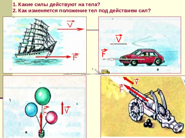 1. Какие силы действуют на тела? 2. Как изменяется положение тел под действием сил?