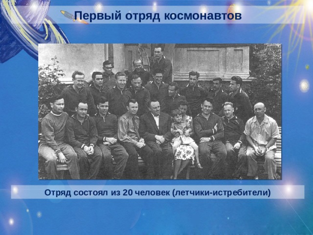 Первый отряд космонавтов Отряд состоял из 20 человек (летчики-истребители)