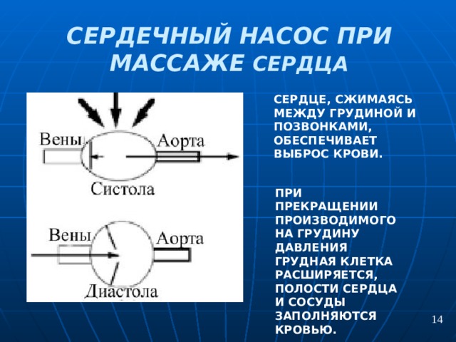 СЕРДЕЧНЫЙ НАСОС  ПРИ МАССАЖЕ СЕРДЦА СЕРДЦЕ, СЖИМАЯСЬ МЕЖДУ ГРУДИНОЙ И ПОЗВОНКАМИ, ОБЕСПЕЧИВАЕТ ВЫБРОС КРОВИ. ПРИ ПРЕКРАЩЕНИИ ПРОИЗВОДИМОГО НА ГРУДИНУ ДАВЛЕНИЯ ГРУДНАЯ КЛЕТКА РАСШИРЯЕТСЯ, ПОЛОСТИ СЕРДЦА И СОСУДЫ ЗАПОЛНЯЮТСЯ КРОВЬЮ. 14