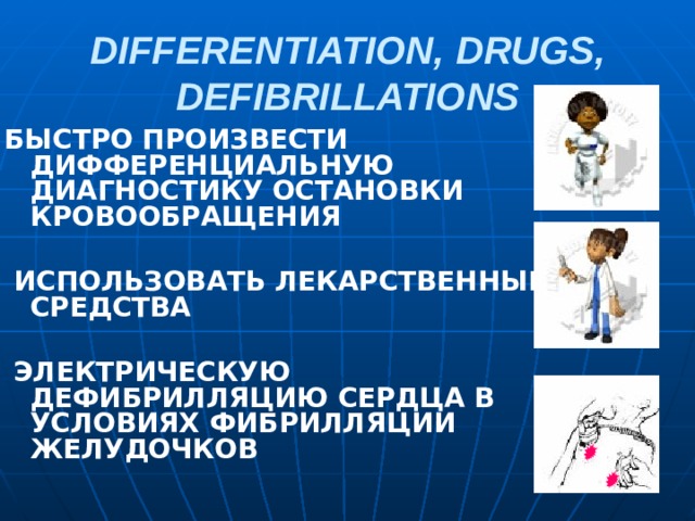 DIFFERENTIATION , DRUGS , DEFIBRILLATIONS БЫСТРО ПРОИЗВЕСТИ ДИФФЕРЕНЦИАЛЬНУЮ ДИАГНОСТИКУ ОСТАНОВКИ КРОВООБРАЩЕНИЯ   ИСПОЛЬЗОВАТЬ ЛЕКАРСТВЕННЫЕ СРЕДСТВА   ЭЛЕКТРИЧЕСКУЮ ДЕФИБРИЛЛЯЦИЮ СЕРДЦА В УСЛОВИЯХ ФИБРИЛЛЯЦИИ ЖЕЛУДОЧКОВ