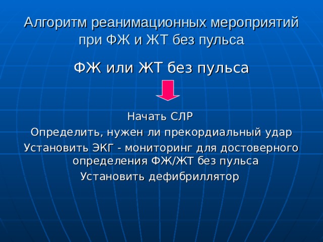 Алгоритм реанимационных мероприятий при ФЖ и ЖТ без пульса ФЖ или ЖТ без пульса Начать СЛР Определить, нужен ли прекордиальный удар Установить ЭКГ - мониторинг для достоверного определения ФЖ/ЖТ без пульса Установить дефибриллятор