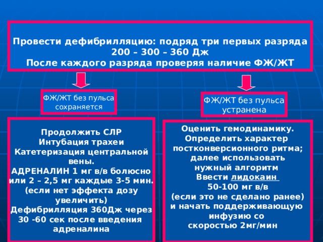 Провести дефибрилляцию: подряд три первых разряда 200 – 300 – 360 Дж После каждого разряда проверяя наличие ФЖ/ЖТ   ФЖ/ЖТ без пульса сохраняется ФЖ/ЖТ без пульса устранена  Продолжить СЛР Интубация трахеи Катетеризация центральной вены. АДРЕНАЛИН 1 мг в/в болюсно или 2 – 2,5 мг каждые 3-5 мин. (если нет эффекта дозу увеличить) Дефибрилляция 360Дж через 30 -60 сек после введения адреналина Оценить гемодинамику. Определить характер постконверсионного ритма;  далее использовать нужный алгоритм Ввести лидокаин 50-100 мг в/в (если это не сделано ранее) и начать поддерживающую инфузию со скоростью 2мг/мин