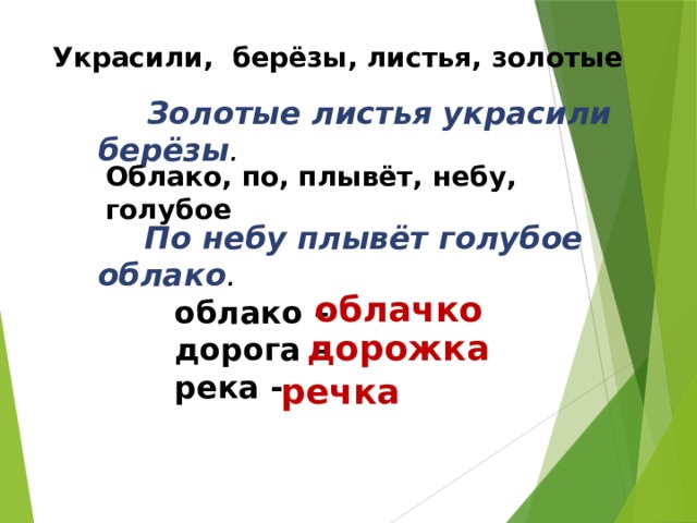 Украсили, берёзы, листья, золотые  Золотые листья украсили берёзы . Облако, по, плывёт, небу, голубое  По небу плывёт голубое облако . облачко облако – дорога – река - дорожка речка