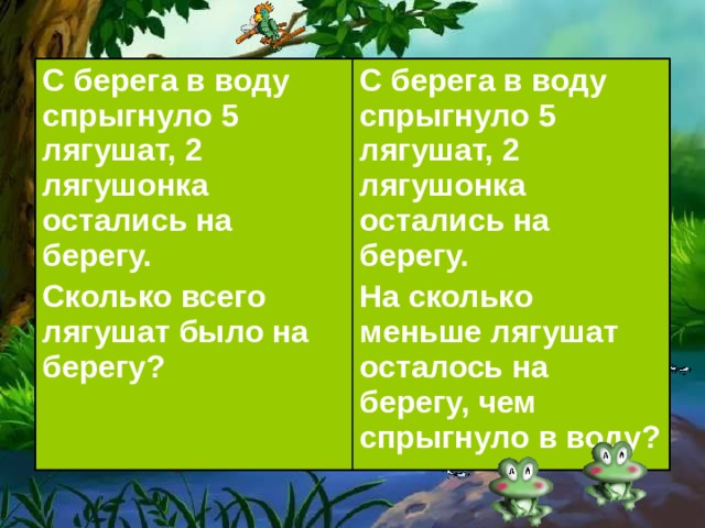 С берега в воду спрыгнуло 5 лягушат, 2 лягушонка остались на берегу. Сколько всего лягушат было на берегу? С берега в воду спрыгнуло 5 лягушат, 2 лягушонка остались на берегу. На сколько меньше лягушат осталось на берегу, чем спрыгнуло в воду?