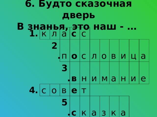 6. Будто сказочная дверь  В знанья, это наш - … 1. к л а 2. 4. с п с с 3. о 6. о с в 7. в н л 5. е т о с и в м к и а а ц н з а и к е а