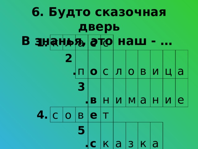 6. Будто сказочная дверь  В знанья, это наш - … 1. к л а 4. 2. п с с о о 6. с 3. в п с 7. в н о л 5. е т р о и с т к в м ф и а а ц з е н л а и к а ь е