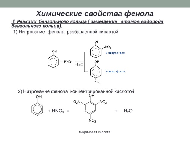 Химические свойства фенола II) Реакции бензольного кольца ( замещение атомов водорода бензольного кольца) .  1) Нитрование фенола  разбавленной кислотой  2) Нитрование фенола концентрированной кислотой  + HNO 3  =  +  H 2 O  пикриновая кислота