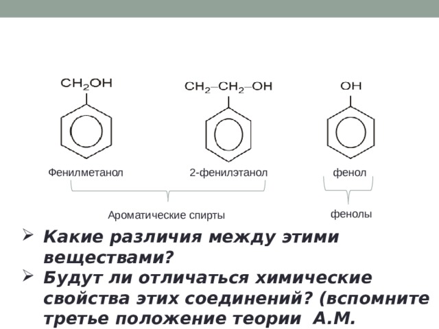 Фенилметанол 2-фенилэтанол  фенол фенолы Ароматические спирты