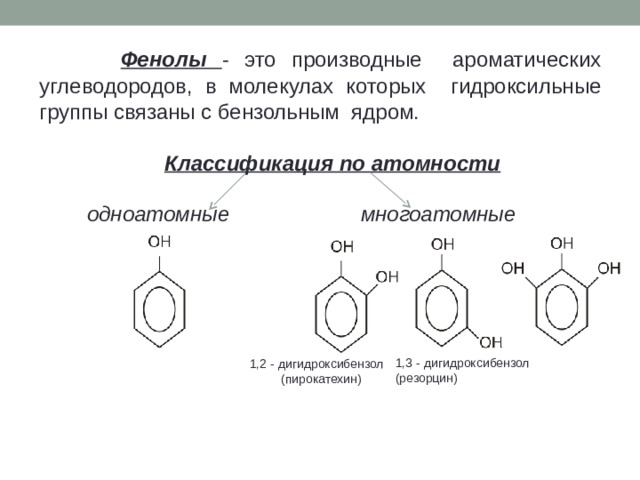 Фенолы - это производные ароматических углеводородов, в молекулах которых гидроксильные группы связаны с бензольным ядром.  Классификация по атомности  одноатомные  многоатомные        1,3 - дигидроксибензол  (резорцин) 1,2 - дигидроксибензол  (пирокатехин)