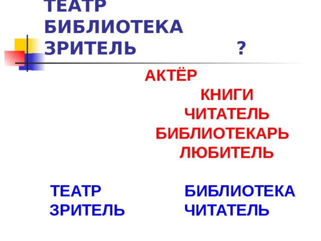 ТЕАТР    БИБЛИОТЕКА  ЗРИТЕЛЬ     ?   АКТЁР       КНИГИ       ЧИТАТЕЛЬ        БИБЛИОТЕКАРЬ        ЛЮБИТЕЛЬ        КНИГИ       ЧИТАТЕЛЬ        БИБЛИОТЕКАРЬ        ЛЮБИТЕЛЬ   ТЕАТР   БИБЛИОТЕКА ЗРИТЕЛЬ   ЧИТАТЕЛЬ  ТЕАТР   БИБЛИОТЕКА ЗРИТЕЛЬ   ЧИТАТЕЛЬ