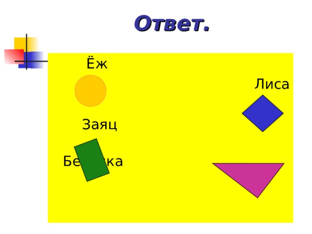 Ответ.  Ёж  Лиса  Заяц  Белочка