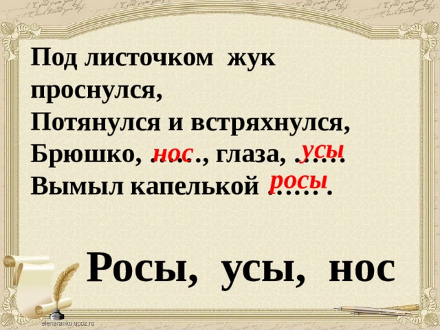 Под листочком жук проснулся, Потянулся и встряхнулся, Брюшко, ……, глаза, …… Вымыл капелькой …… .  усы нос  росы Росы, усы, нос