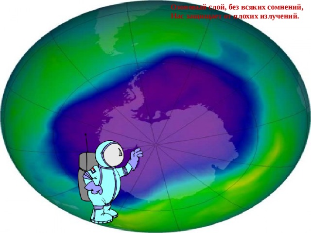 Озоновый слой, без всяких сомнений, Нас защищает от плохих излучений.