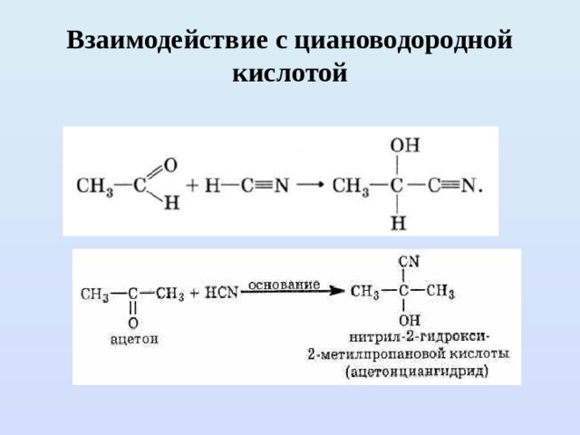 Взаимодействие с циановодородной кислотой