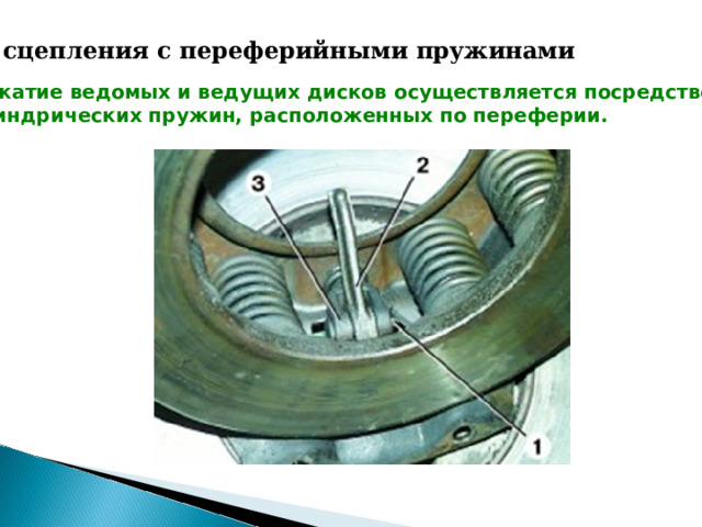- сцепления с переферийными пружинами  прижатие ведомых и ведущих дисков осуществляется посредством цилиндрических пружин, расположенных по переферии.