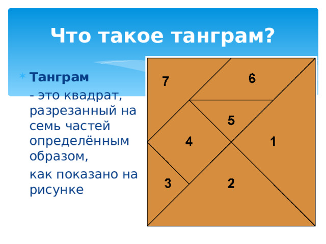 Что такое танграм? Танграм  - это квадрат, разрезанный на семь частей определённым образом,  как показано на рисунке