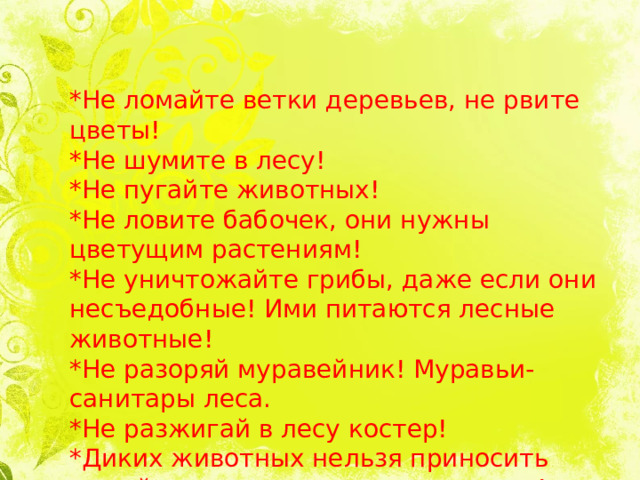 *Не ломайте ветки деревьев, не рвите цветы! *Не шумите в лесу! *Не пугайте животных! *Не ловите бабочек, они нужны цветущим растениям! *Не уничтожайте грибы, даже если они несъедобные! Ими питаются лесные животные! *Не разоряй муравейник! Муравьи-санитары леса. *Не разжигай в лесу костер! *Диких животных нельзя приносить домой, они не могут жить в неволе!