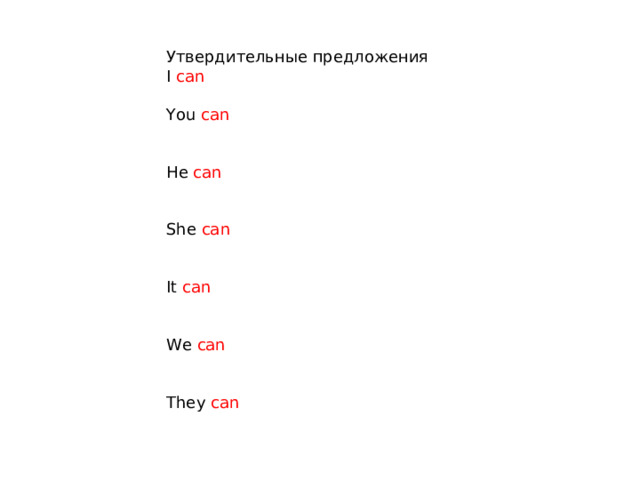 Утвердительные предложения I can  You can He can She can It can We can They can