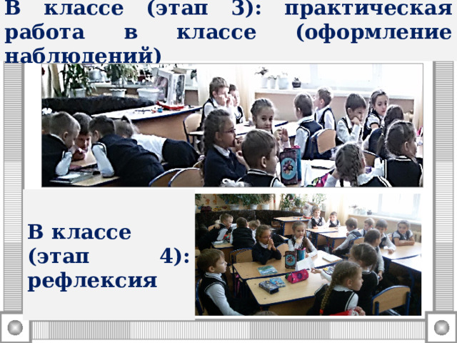 В классе (этап 3): практическая работа в классе (оформление наблюдений) В классе (этап 4): рефлексия