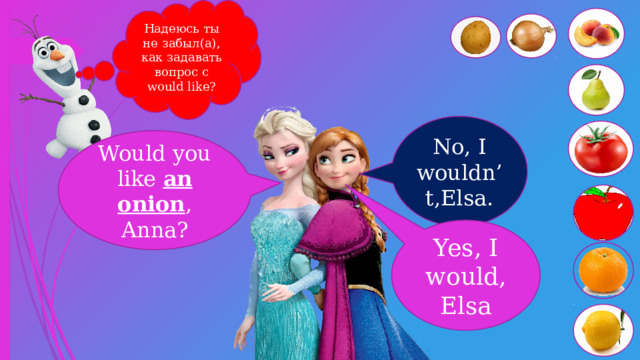 Надеюсь ты не забыл(a), как задавать вопрос с would like? No, I wouldn’t,Elsa. Would you like an onion , Anna? Yes, I would, Elsa