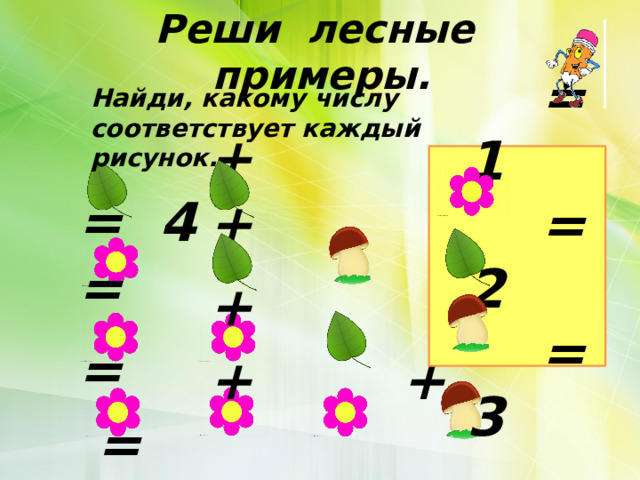 Реши лесные примеры. Найди, какому числу соответствует каждый рисунок.  = 1  = 2  = 3  + = 4  + =  + =  + + =