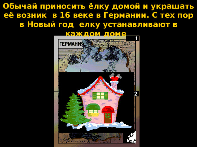 Обычай приносить ёлку домой и украшать её возник в 16 веке в Германии. С тех пор в Новый год елку устанавливают в каждом доме