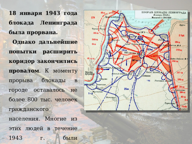 18 января 1943 года блокада Ленинграда была прорвана.    Однако дальнейшие попытки расширить коридор закончились провалом . К моменту прорыва блокады в городе оставалось не более 800 тыс. человек гражданского населения. Многие из этих людей в течение 1943 г. были эвакуированы в тыл.