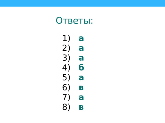 Ответы: 1)  а 2)  а 3)  а 4)  б 5)  а 6)  в 7)  а 8)  в