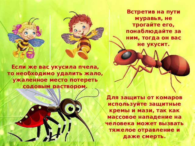 Встретив на пути муравья, не трогайте его, понаблюдайте за ним, тогда он вас не укусит. Если же вас укусила пчела, то необходимо удалить жало, ужаленное место потереть содовым раствором. Для защиты от комаров используйте защитные кремы и мази, так как массовое нападение на человека может вызвать тяжелое отравление и даже смерть.