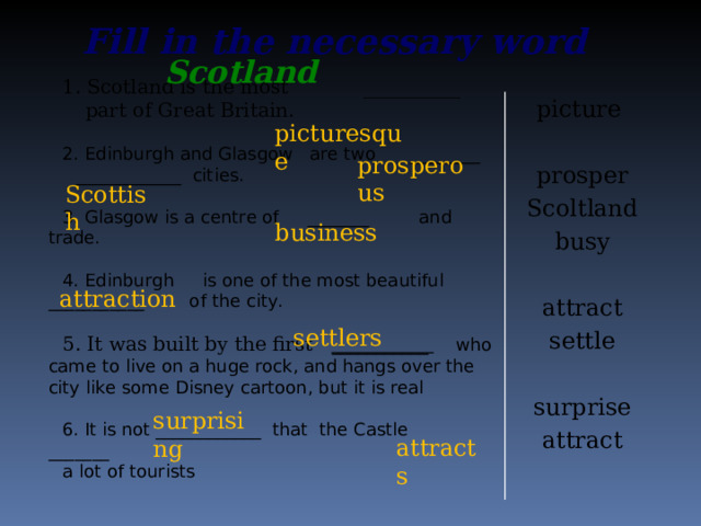 Fill in the necessary word Scotland 1. Scotland is the most __________ part of Great Britain. 2. Edinburgh and Glasgow are two ________ ____________ cities. 3. Glasgow is a centre of _______ and trade. 4. Edinburgh is one of the most beautiful ___________ of the city. 5. It was built by the first ___________ who came to live on a huge rock, and hangs over the city like some Disney cartoon, but it is real 6. It is not ____________ that the Castle _______ a lot of tourists  picturesque picture prosper Scoltland busy attract settle surprise attract  prosperous  Scottish  business attraction  settlers  surprising  attracts