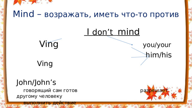 Mind – возражать, иметь что-то против   I don’t  mind  Ving you/your  him/his Ving  John/John’s  говорящий сам готов разрешает другому человеку  выполнить действие