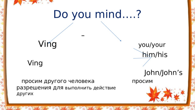 Do you mind….?    Ving you/your  him/his Ving  John/John’s  просим другого человека просим разрешения для выполнить действие других