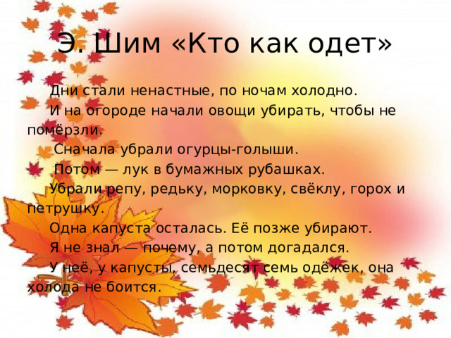 Э. Шим «Кто как одет»  Дни стали ненастные, по ночам холодно.  И на огороде начали овощи убирать, чтобы не помёрзли.  Сначала убрали огурцы-голыши.  Потом — лук в бумажных рубашках.  Убрали репу, редьку, морковку, свёклу, горох и петрушку.  Одна капуста осталась. Её позже убирают.  Я не знал — почему, а потом догадался.  У неё, у капусты, семьдесят семь одёжек, она холода не боится.