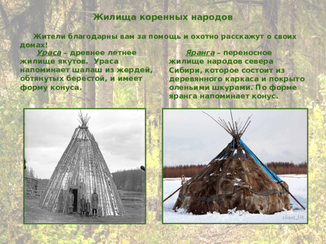 Жилища коренных народов    Жители благодарны вам за помощь и охотно расскажут о своих домах! Яранга – переносное жилище народов севера Сибири, которое состоит из деревянного каркаса и покрыто оленьими шкурами. По форме яранга напоминает конус. Ураса – древнее летнее жилище якутов. Ураса напоминает шалаш из жердей, обтянутых берестой, и имеет форму конуса. 1