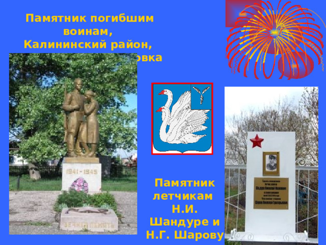 Памятник погибшим воинам, Калининский район, с. Малая Екатериновка Памятник летчикам Н.И. Шандуре и  Н.Г. Шарову