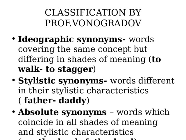 CLASSIFICATION BY PROF.VONOGRADOV