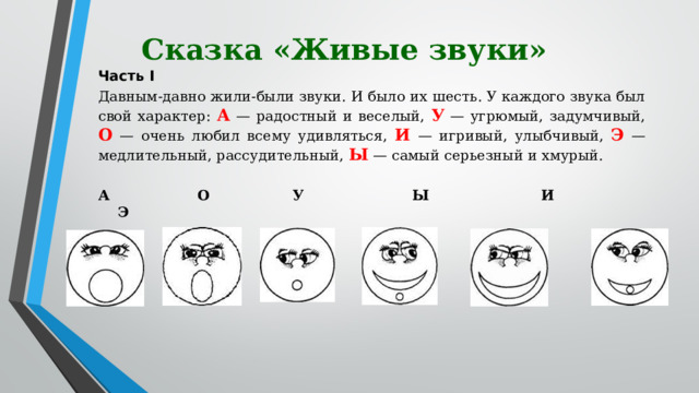Сказка «Живые звуки»  Часть I Давным-давно жили-были звуки. И было их шесть. У каждого звука был свой характер: А — радостный и веселый, У — угрюмый, задумчивый, О — очень любил всему удивляться, И — игривый, улыбчивый, Э — медлительный, рассудительный, Ы — самый серьезный и хмурый. А О У Ы И Э