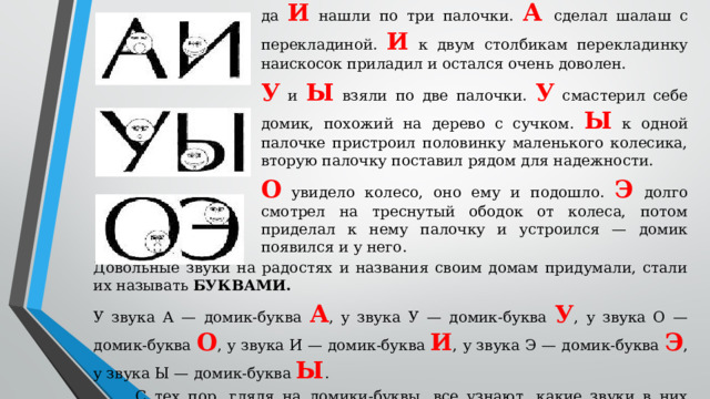 Подумали-подумали да и начали дома мастерить. А да И нашли по три палочки. А  сделал шалаш с перекладиной. И к двум столбикам перекладинку наискосок приладил и остался очень доволен. У и Ы взяли по две палочки. У смастерил себе домик, похожий на дерево с сучком. Ы к одной палочке пристроил половинку маленького колесика, вторую палочку поставил рядом для надежности. О увидело колесо, оно ему и подошло. Э долго смотрел на треснутый ободок от колеса, потом приделал к нему палочку и устроился — домик появился и у него. Довольные звуки на радостях и названия своим домам придумали, стали их называть БУКВАМИ. У звука А — домик-буква А , у звука У — домик-буква У , у звука О — домик-буква О , у звука И — домик-буква И , у звука Э — домик-буква Э , у звука Ы — домик-буква Ы . С тех пор, глядя на домики-буквы, все узнают, какие звуки в них живут.