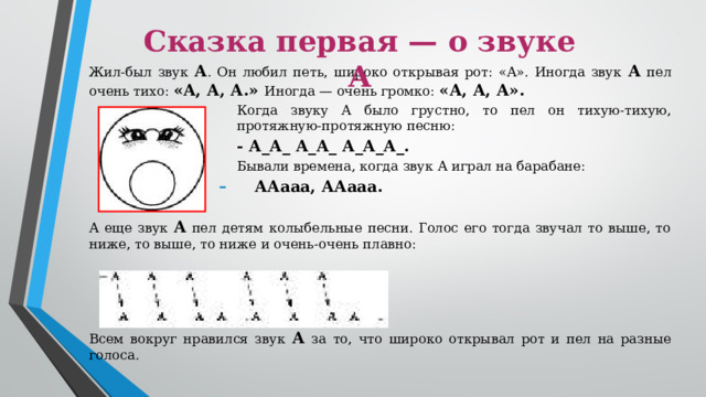 Жил-был звук А . Он любил петь, широко открывая рот: «А». Иногда звук А пел очень тихо: «А, А, А.» Иногда — очень громко: «А, А, А». Когда звуку А было грустно, то пел он тихую-тихую, протяжную-протяжную песню: - А_А_ А_А_ А_А_А_. Бывали времена, когда звук А играл на барабане: ААааа, ААааа. А еще звук А пел детям колыбельные песни. Голос его тогда звучал то выше, то ниже, то выше, то ниже и очень-очень плавно: Сказка первая — о звуке А Всем вокруг нравился звук А за то, что широко открывал рот и пел на разные голоса.