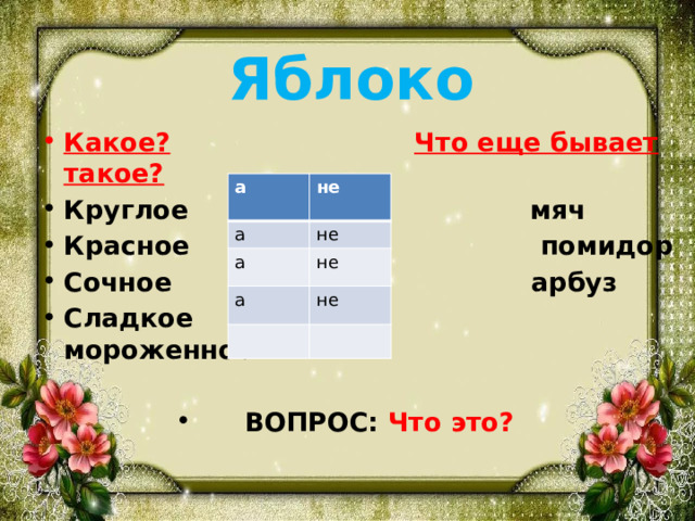 Яблоко Какое?  Что еще бывает такое? Круглое но не мяч Красное но не помидор Сочное но не арбуз Сладкое мороженное   ВОПРОС: Что это? а  не а не а не а не