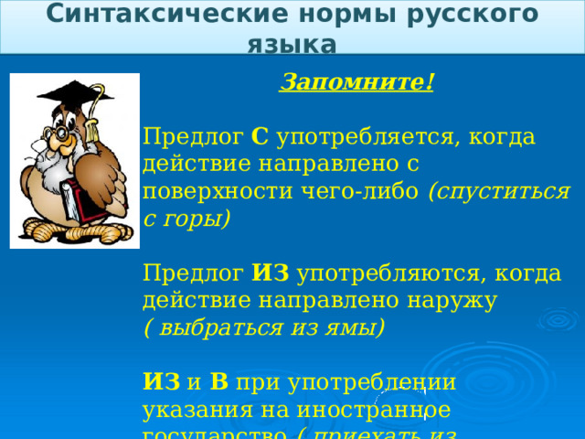 Синтаксические нормы русского языка Запомните! Предлог С употребляется, когда действие направлено с поверхности чего-либо (спуститься с горы) Предлог ИЗ употребляются, когда действие направлено наружу ( выбраться из ямы) ИЗ и В при употреблении указания на иностранное государство ( приехать из Белоруссии, жить в Украине)