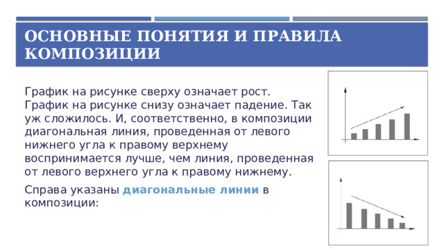 Основные понятия и правила композиции График на рисунке сверху означает рост. График на рисунке снизу означает падение. Так уж сложилось. И, соответственно, в композиции диагональная линия, проведенная от левого нижнего угла к правому верхнему воспринимается лучше, чем линия, проведенная от левого верхнего угла к правому нижнему. Справа указаны диагональные линии в композиции: