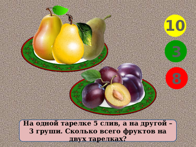 10 3 8 На одной тарелке 5 слив, а на другой – 3 груши. Сколько всего фруктов на двух тарелках?
